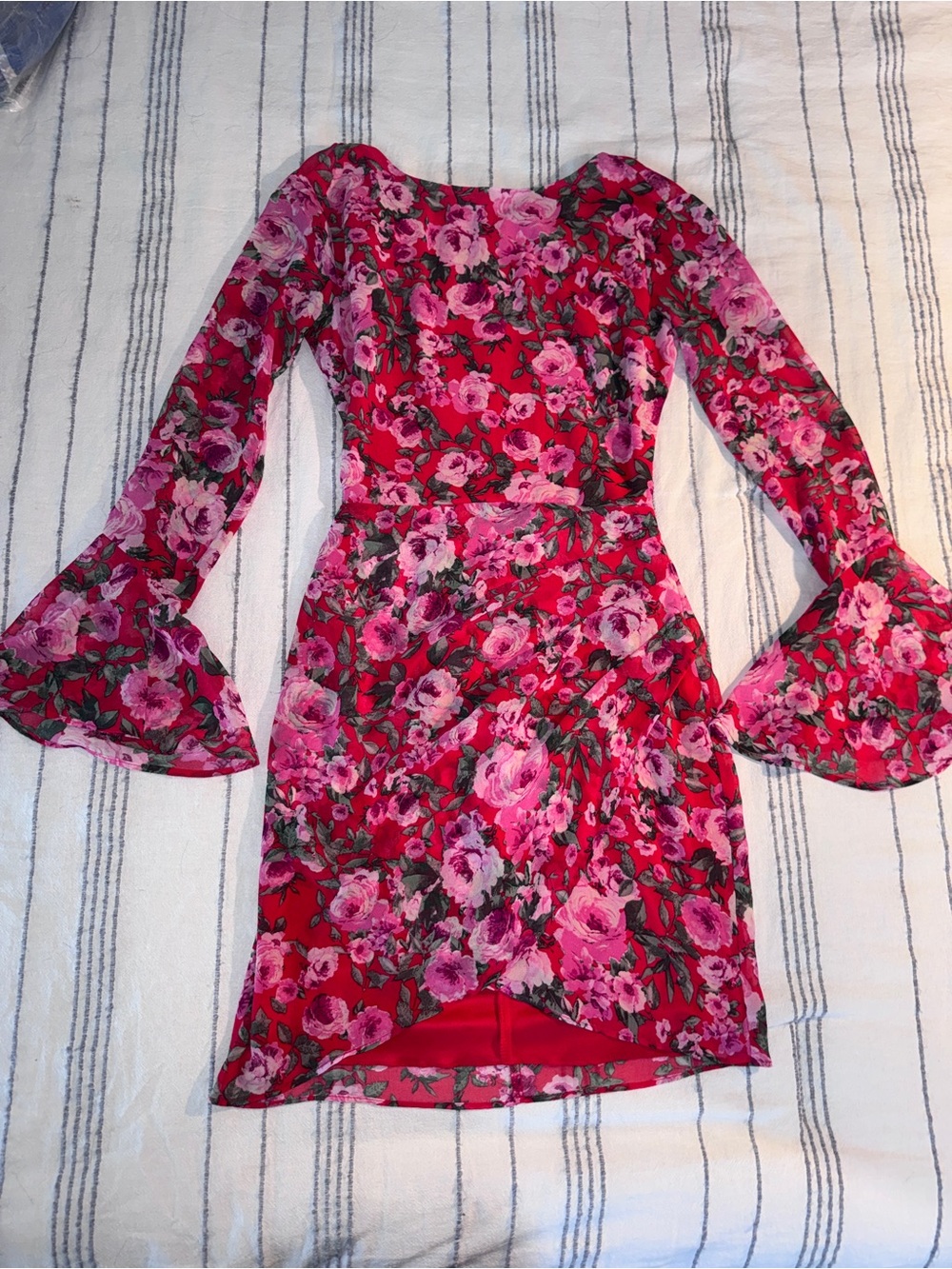 B Darlin Red & Pink Floral Long-Sleeve Wrap Dress